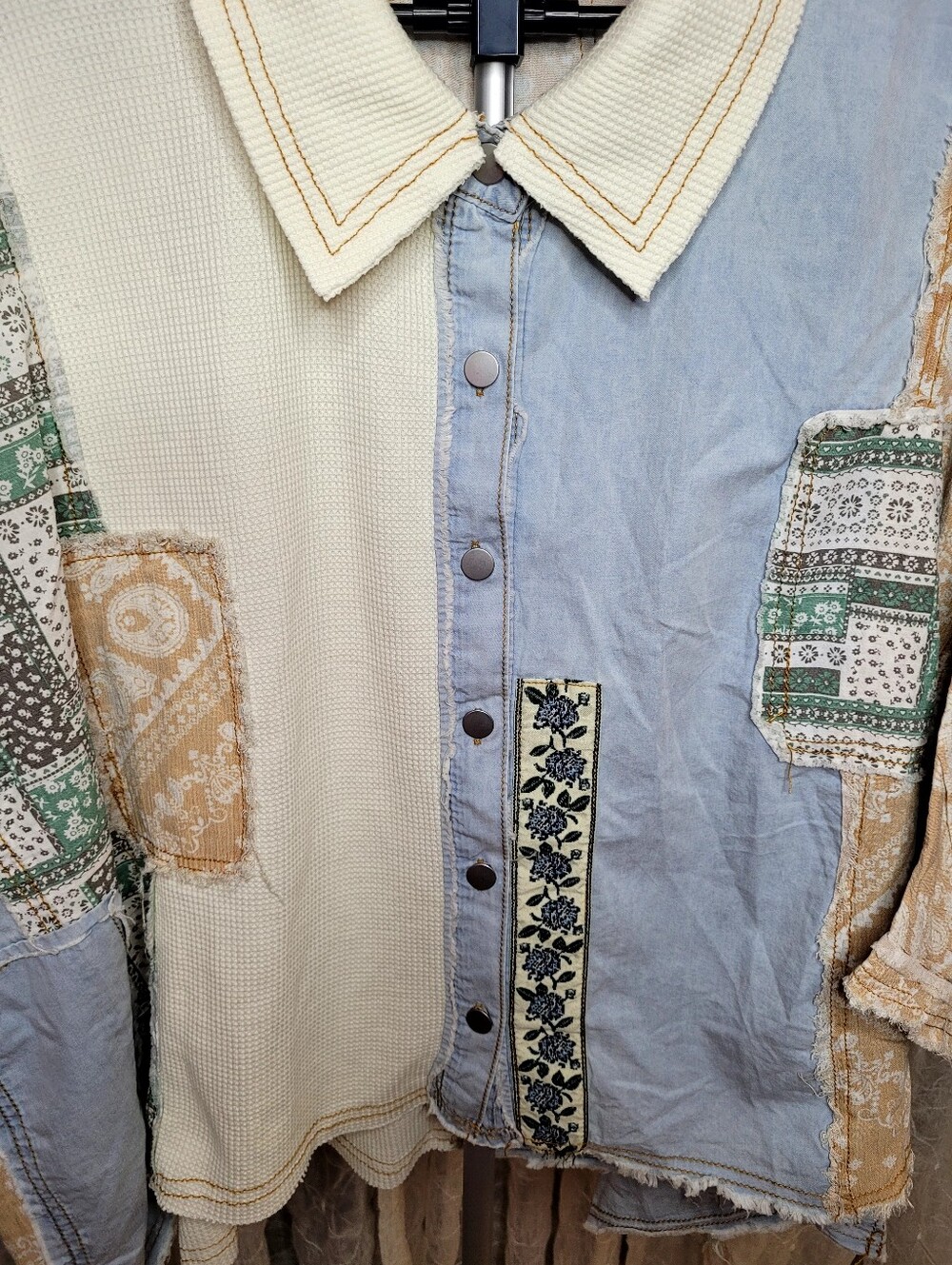 POL Button Down Denim Chambray Waffle Knit Flower Patchwork 100% Cotton Shacket - Picture 4 of 11